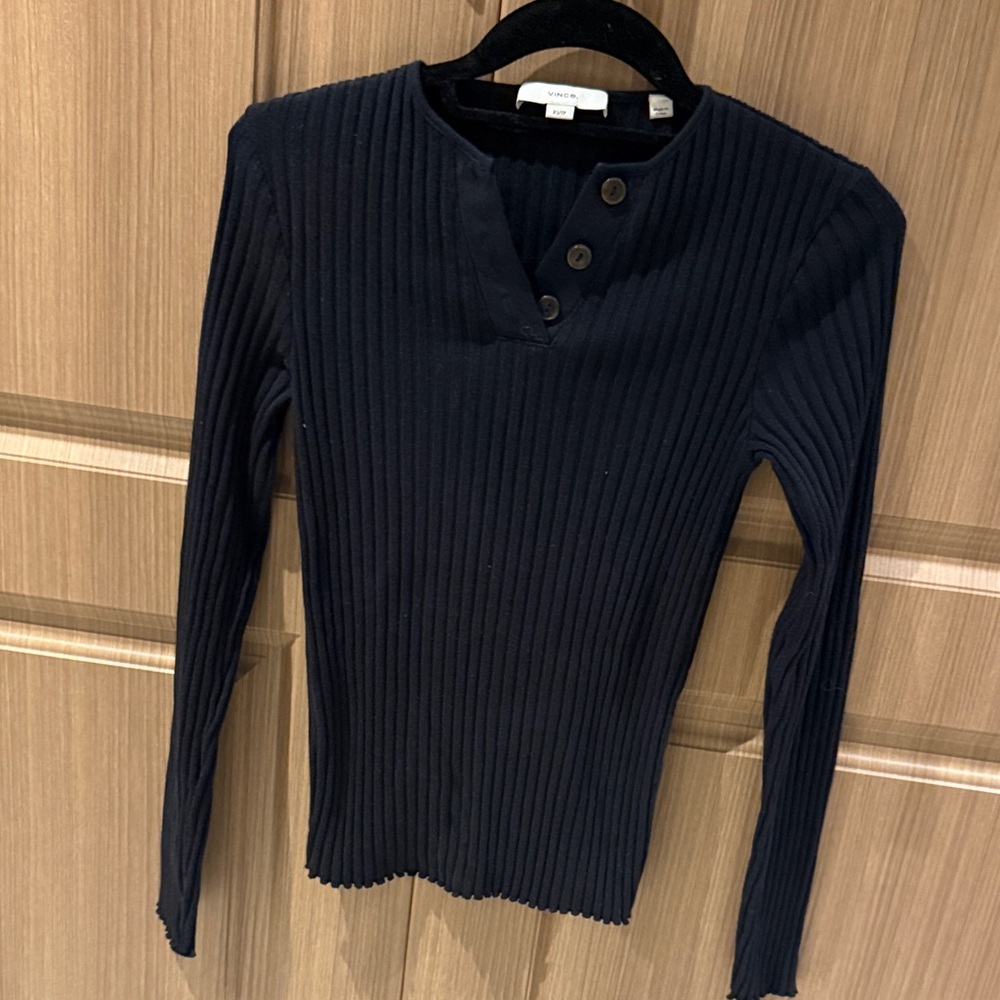 Vince Navy Ribbed Button-Up Top